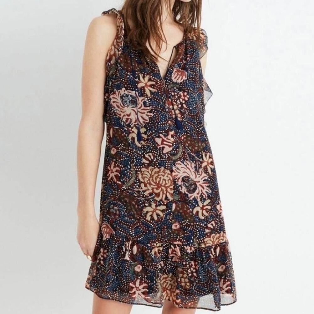 Madewell Navy Sea Floral Print Ruffle Mini Dress Size Small